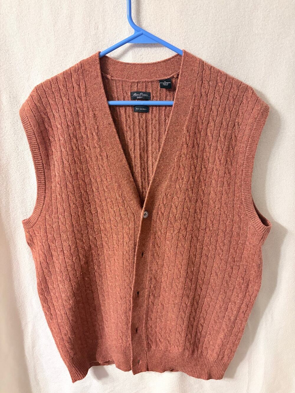 Alan Flusser 100% Cashmere Cable Knit Cardigan Vest Rust Orange